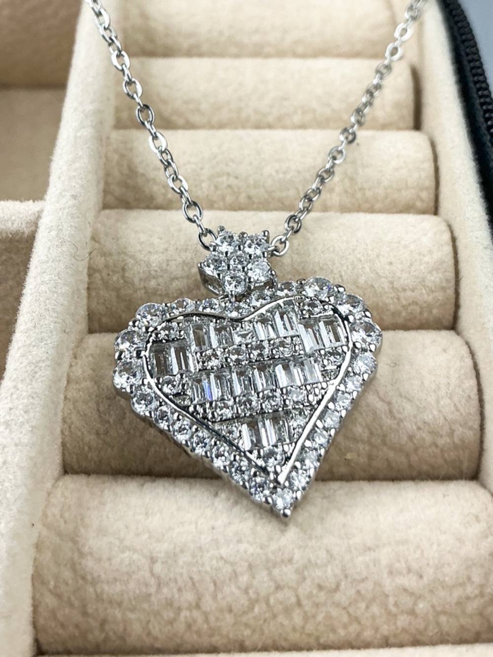 Baguette Heart Pendant Necklace Silver Sparkle Layered Love Necklace